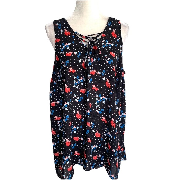 Torrid Georgette Black Red Blue Floral Polka Dots Sleeveless Top Blouse Size 1X - Picture 1 of 5